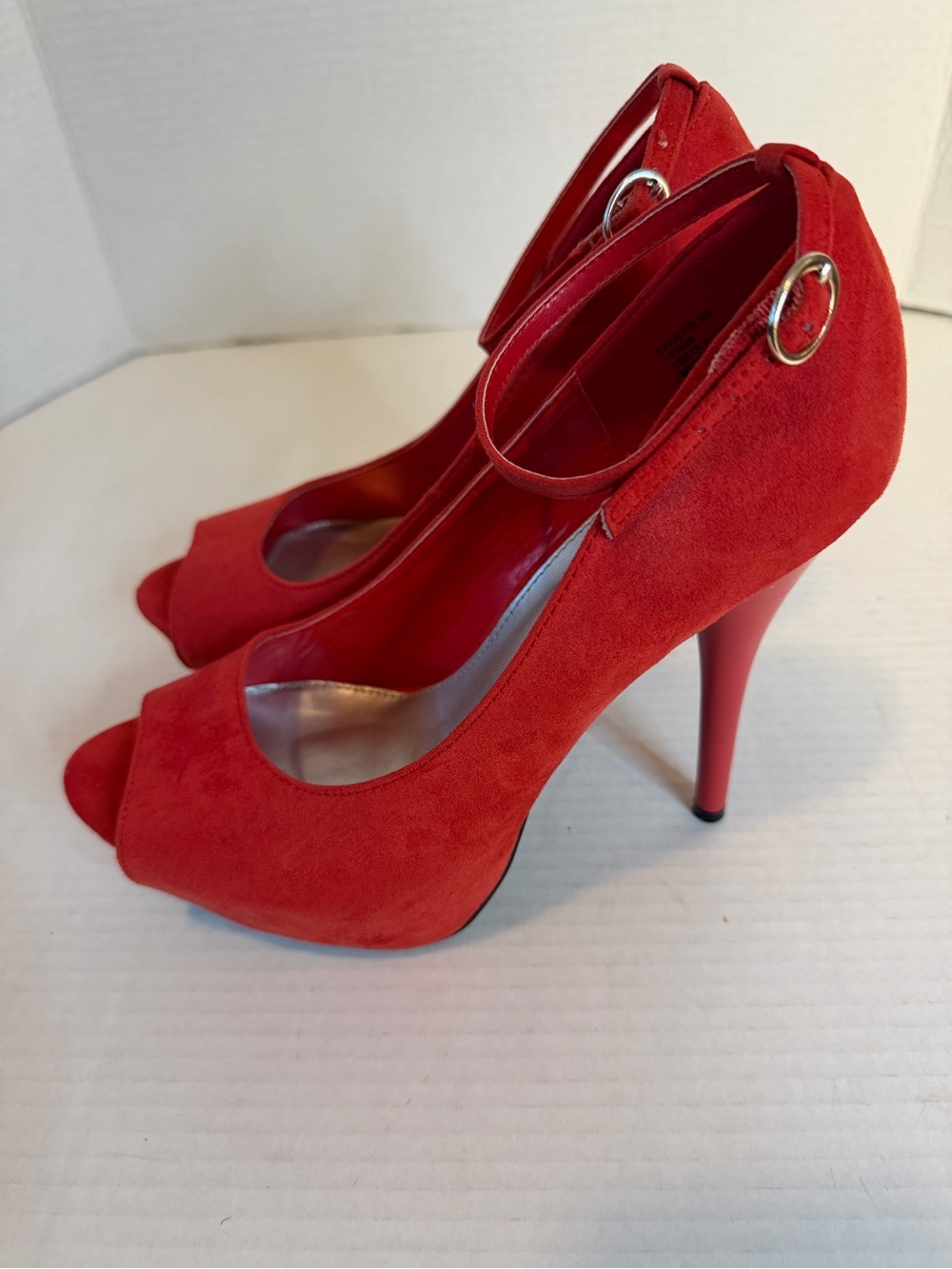 Dibo London Red Faux Suede Peep-Toe Ankle-Strap Stiletto Heels 9.5